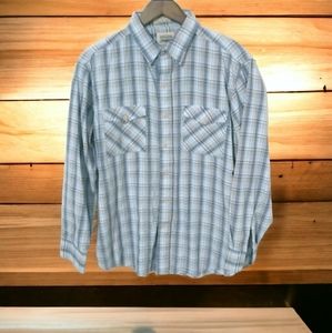 Vintage Men's 1980s Soft Blue + Green Plaid Levi's Size Medium Button Up Shirt.